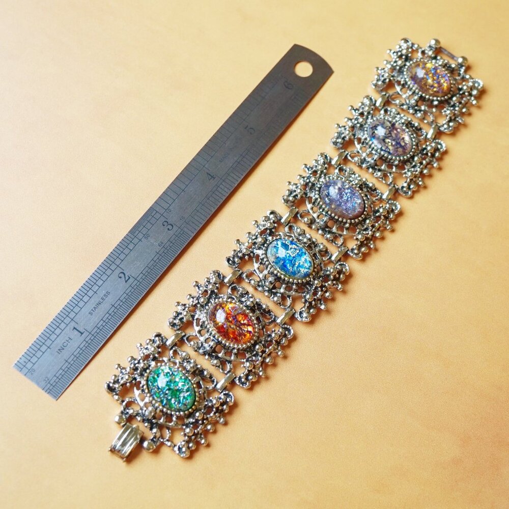 Vintage Selro Selini Style Brutalist Panel Bracelet – Foil Art Glass Cabochons - Picture 5 of 5